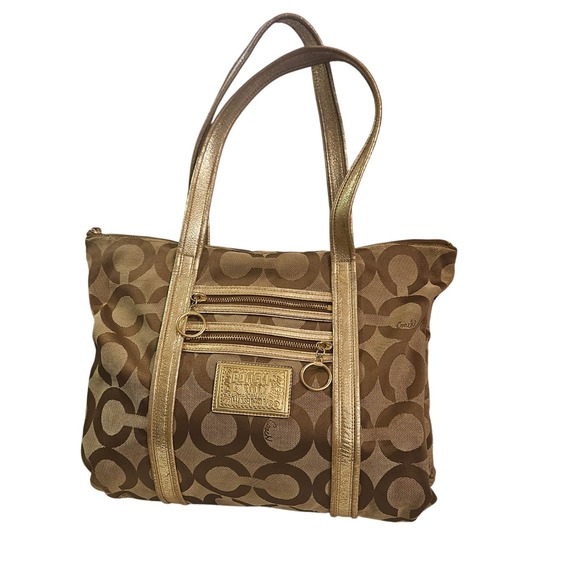 Coach Signature Jacquard Tote Bag Brown Gold Metallic Trim Blue Lining F15906 - Picture 1 of 10